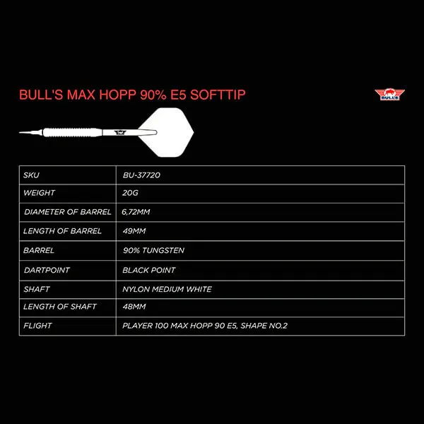 Dardos Bulls Darts Max Hopp E5 P.Plastico 90% Tungsteno 20g Profesionales vista 3